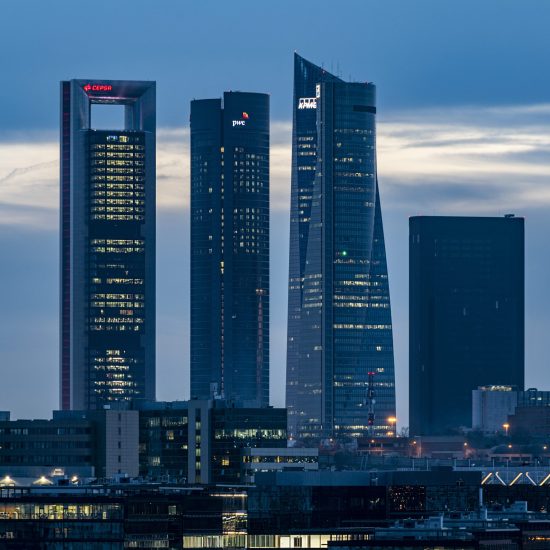 Night photography of Madrid skyline and towers