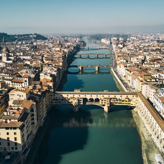 Aerial view of Ponte Vecchio bridge and Arno river in Florence. High quality photo