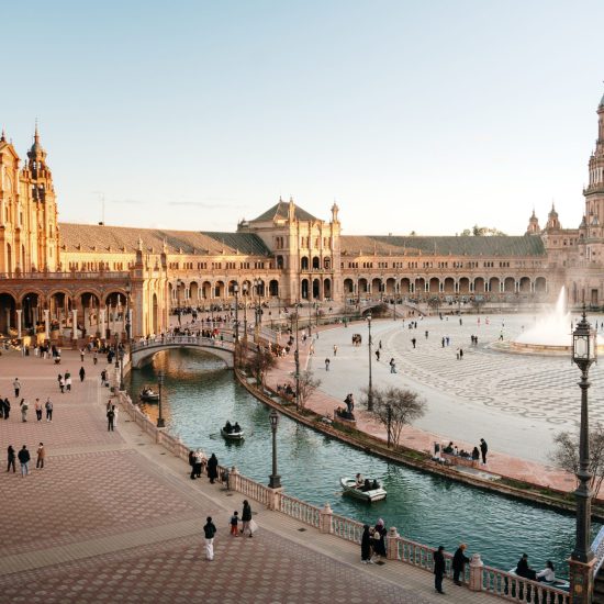 Plaza de España in Seville, Spain, with beautiful sunset light