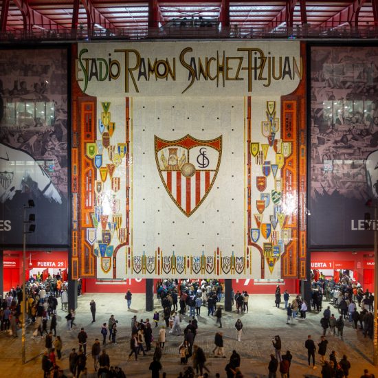 Seville, Spain - February 9, 2025: Football Fans at Ramon Sanchez Pizjuan Stadium Front Entrance Gate, Spanish La Liga Sevilla against FC Barcelona Game