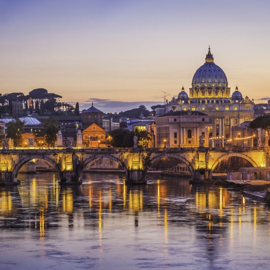Iconic landmarks of Rome, Italy's ancient capital city, reflecting in the tranquil waters of the River Tiber. ProPhoto RGB profile for maximum color fidelity and gamut.