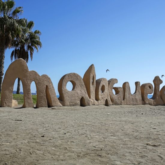 Malagueta sign - most popular beach in Malaga, Costa del Sol,Andalusia,  Spain