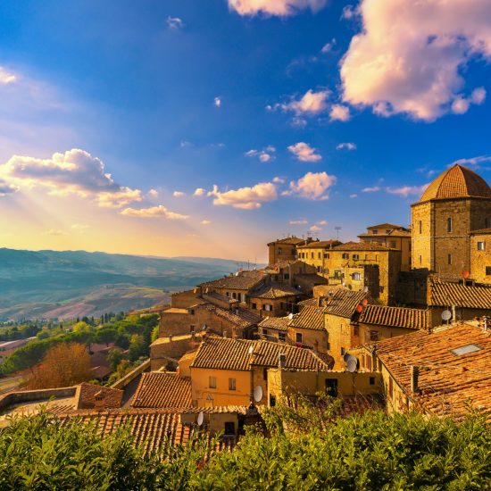 Tuscany, Volterra town skyline, church and panorama view on sunset. Maremma, Italy, Europe