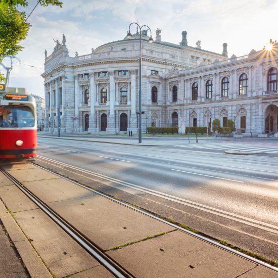 Cityscape image of Vienna with the Burgtheater and the Ring Road during sunrise.